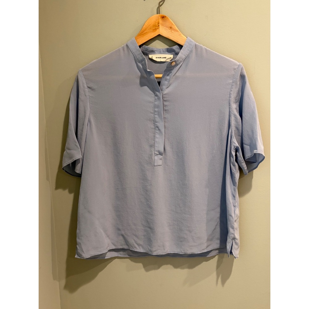 Everlane Clean Washable Silk Short Sleeve Square Shirt Band Collar XS